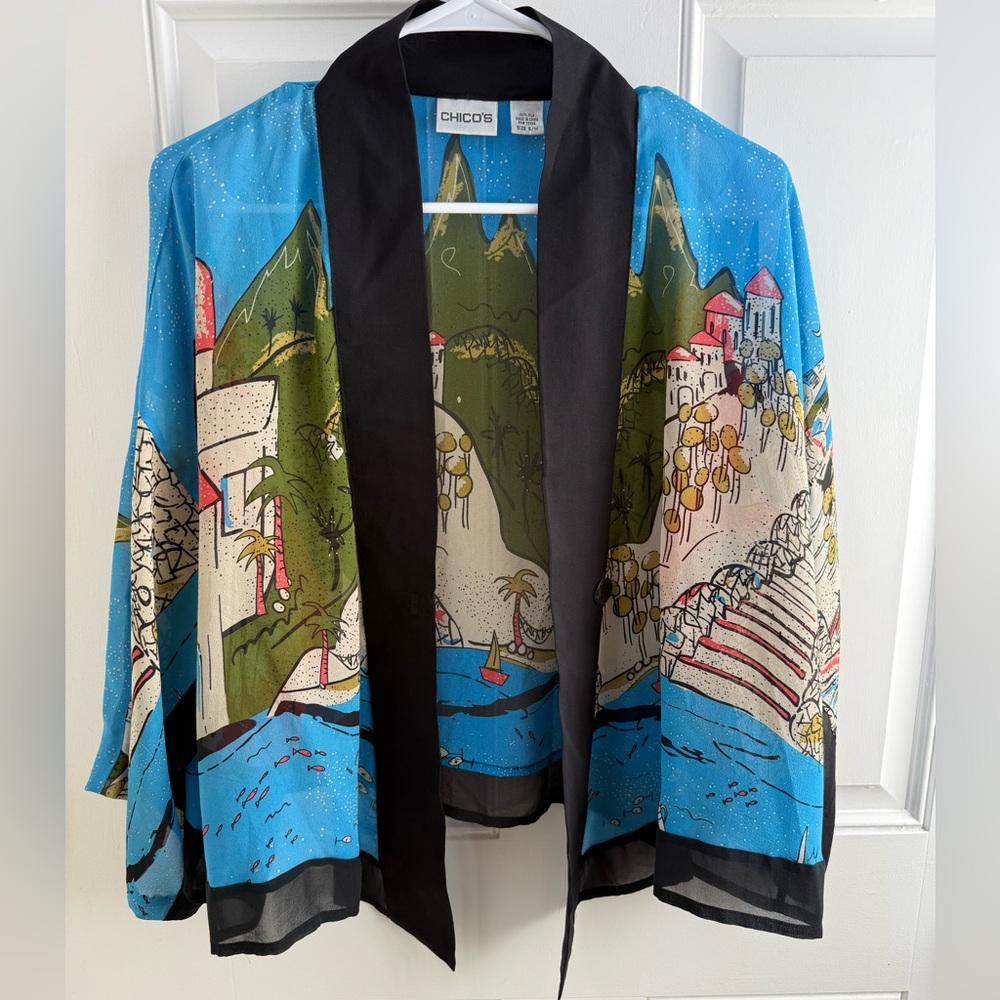 Chico's Silk Vibrant Multicolor Artistic Kimono Blazer